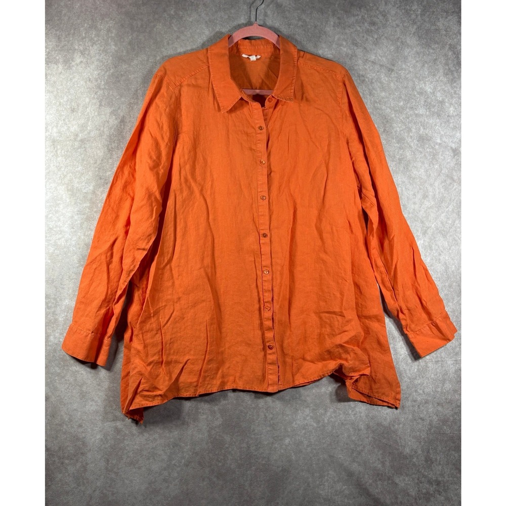 Eileen Fisher Button Down Shirt Women Large Orange Organic Irish Linen Coastal